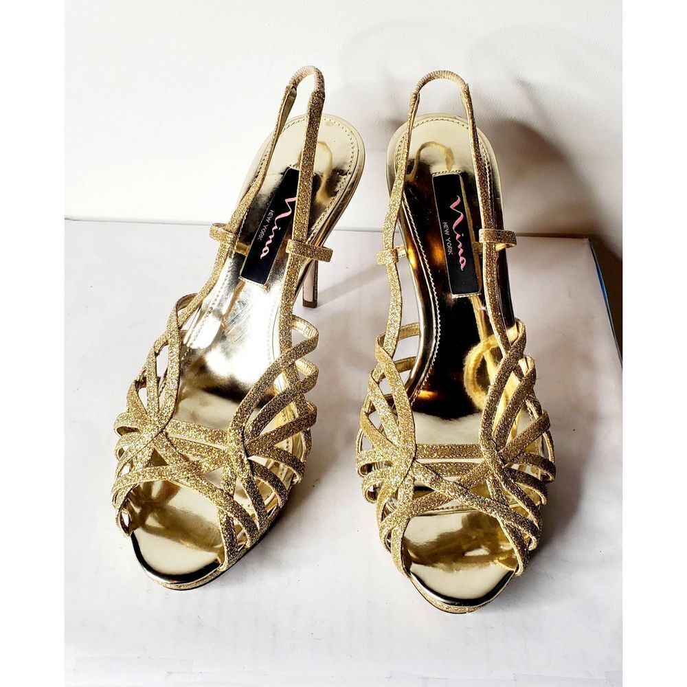 NINA gold stiletto sandles 8M. Weddings. Events. Sparkling. Holidays. Bling.‎